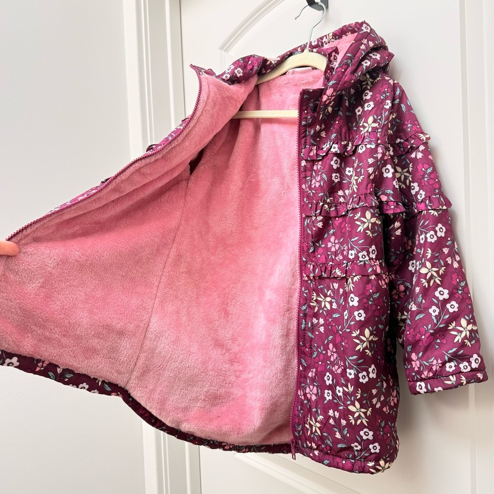 Penelope Mack Girls Floral Purple Pink Hooded Coat with Ruffles - Picture 7 of 10